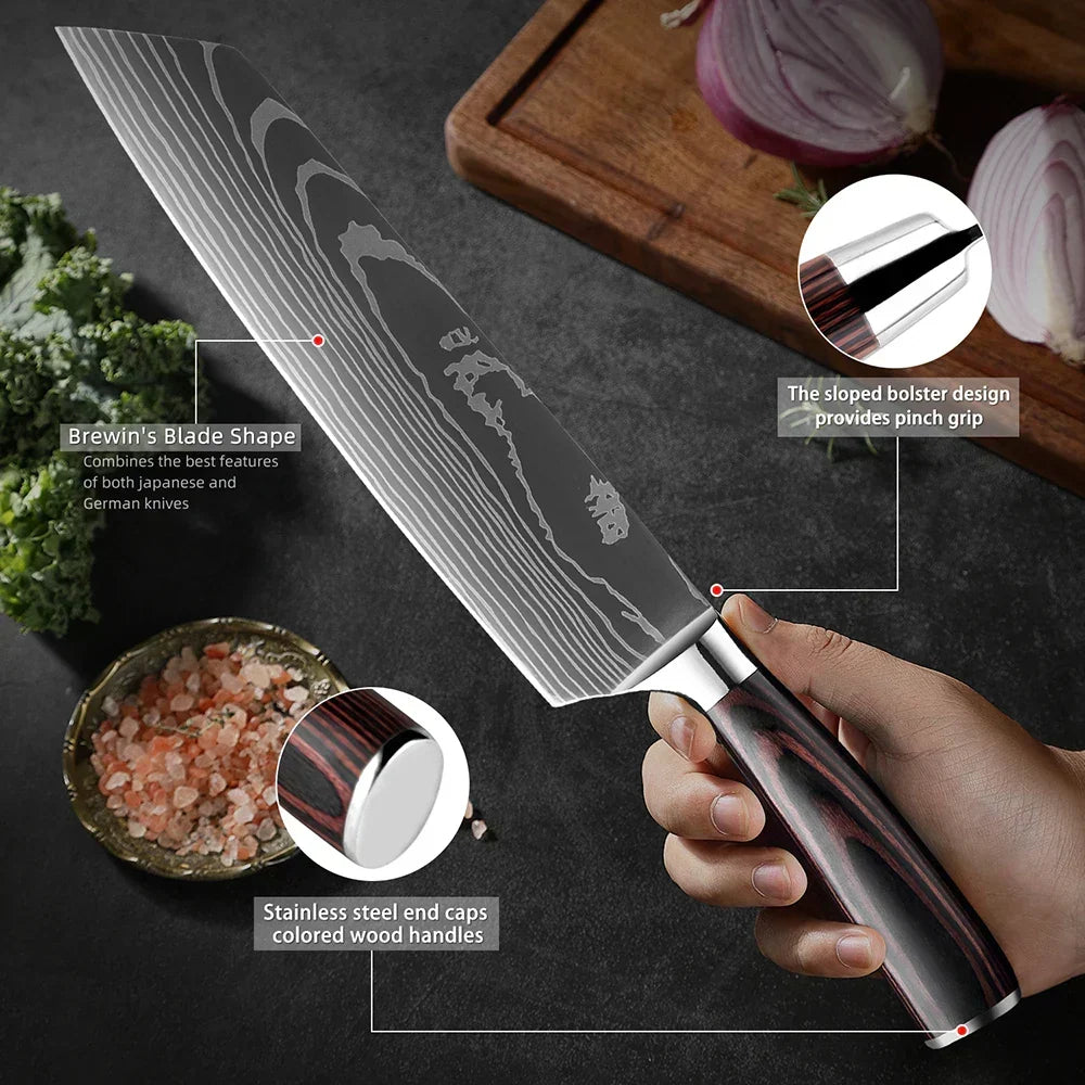 Kitchen Knife Set Forged Stainless Steel Blades Ergonomic Wooden Handles