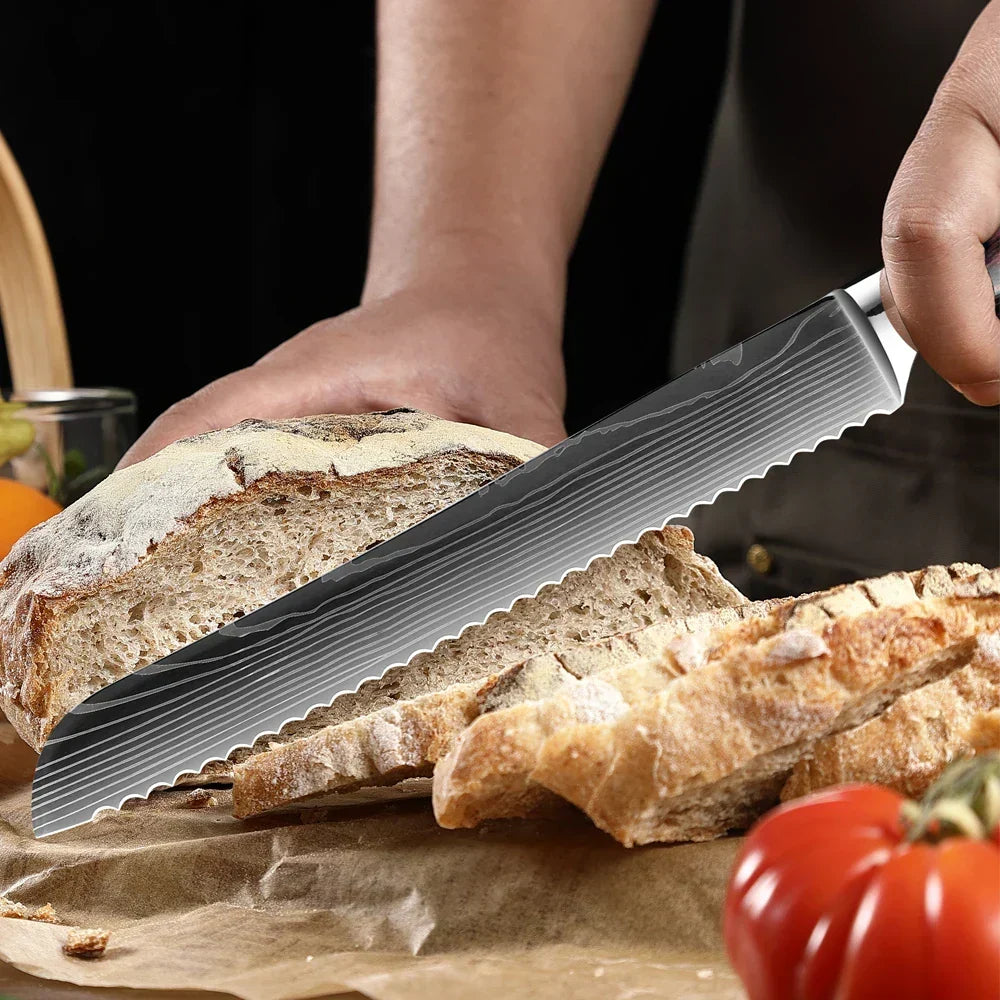 Kitchen Knife Set Forged Stainless Steel Blades Ergonomic Wooden Handles