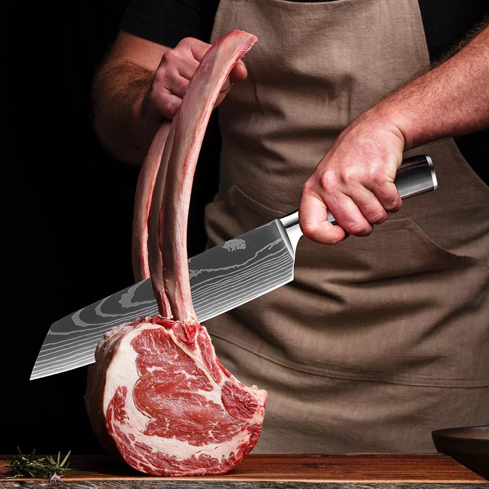 Kitchen Knife Set Forged Stainless Steel Blades Ergonomic Wooden Handles