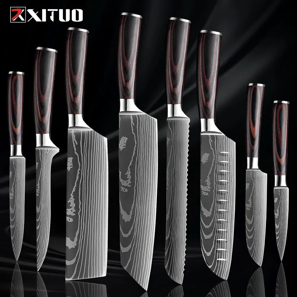 Kitchen Knife Set Forged Stainless Steel Blades Ergonomic Wooden Handles