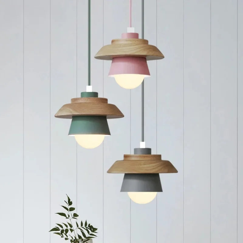 Kitchen Pendant Light Macaron Colored Shade Timber Collar
