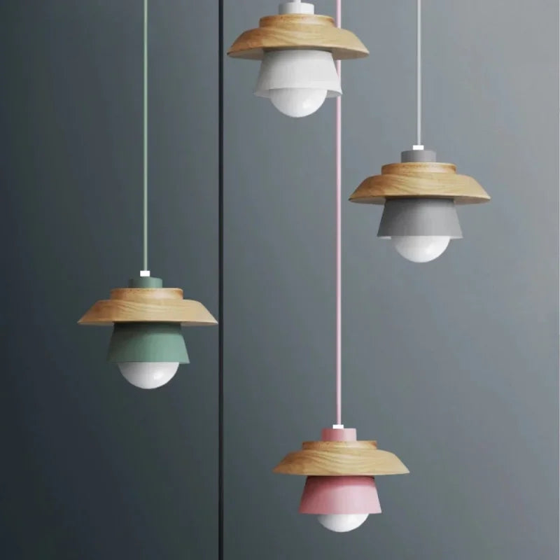 Kitchen Pendant Light Macaron Colored Shade Timber Collar