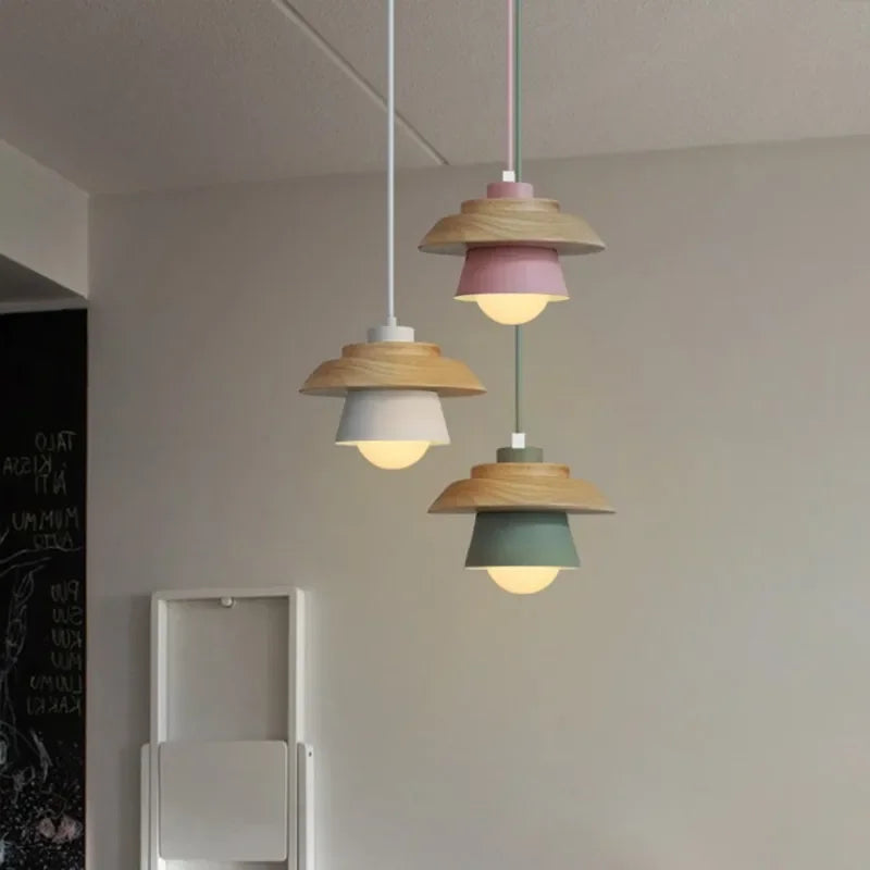 Kitchen Pendant Light Macaron Colored Shade Timber Collar