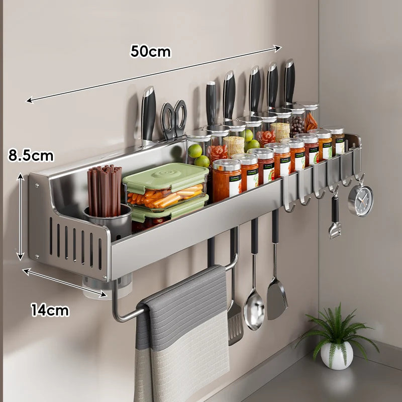 Kitchen Rack Wall-Mounted Stainless Steel Knife Slots & Hooks