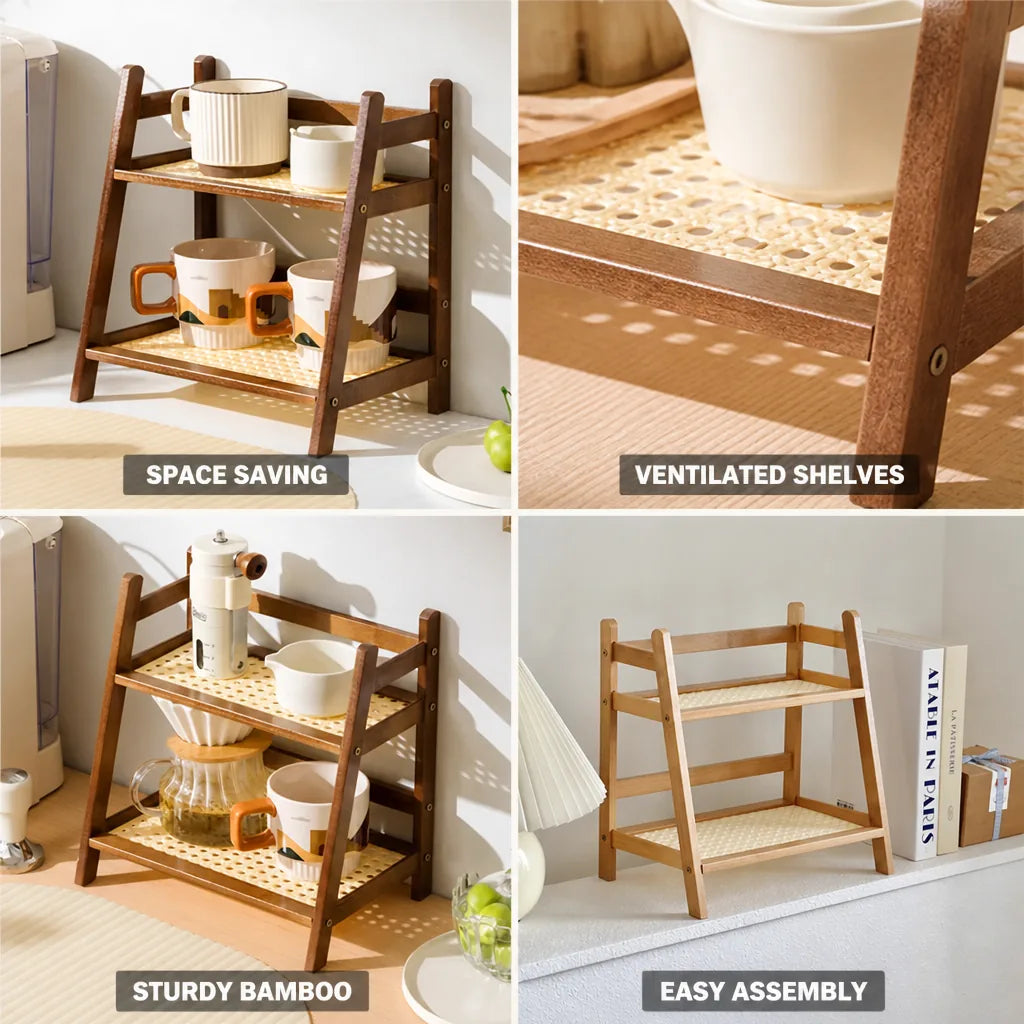 Kitchen Shelf 2-Tier Bamboo Slatted Space-Saving