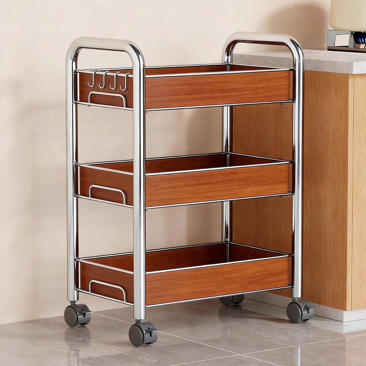 Kitchen Storage Cart 3-Tier Ventilated Mesh Locking Casters