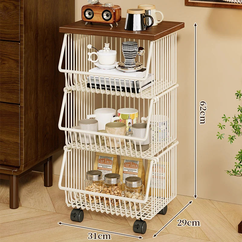 Kitchen Storage Cart Four-Tier Wooden Top Rolling Wheels