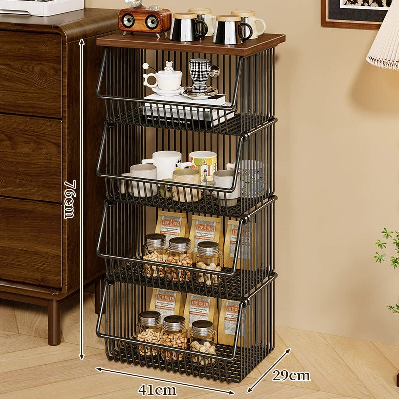 Kitchen Storage Cart Four-Tier Wooden Top Rolling Wheels