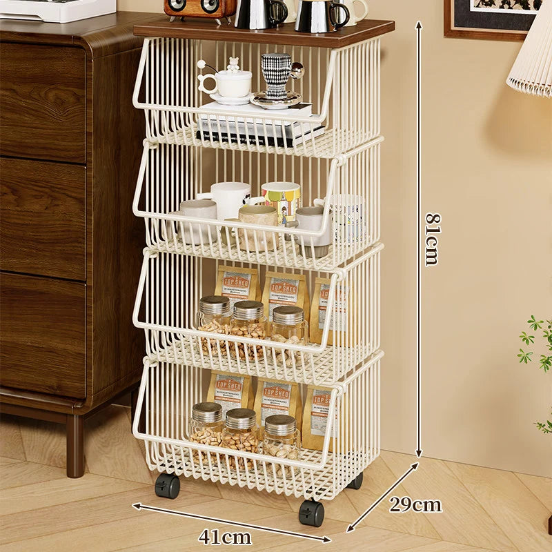 Kitchen Storage Cart Four-Tier Wooden Top Rolling Wheels