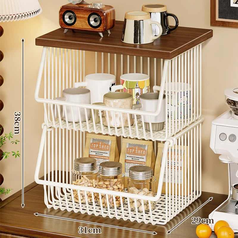 Kitchen Storage Cart Four-Tier Wooden Top Rolling Wheels