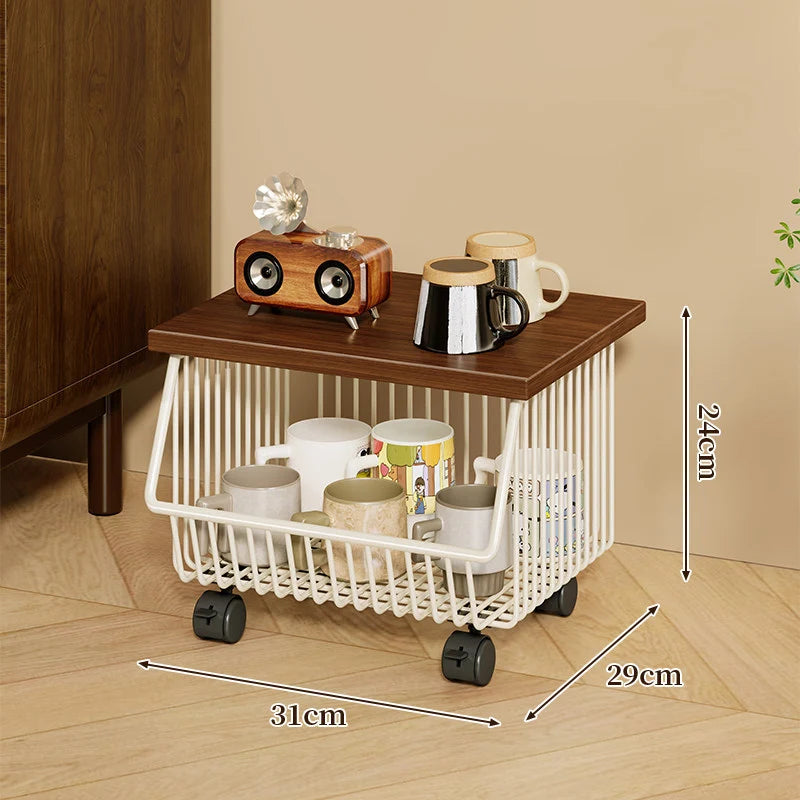 Kitchen Storage Cart Four-Tier Wooden Top Rolling Wheels