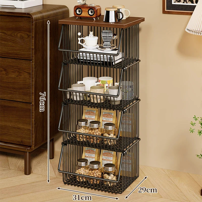 Kitchen Storage Cart Four-Tier Wooden Top Rolling Wheels