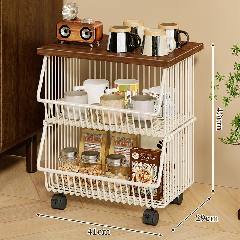 Kitchen Storage Cart Four-Tier Wooden Top Rolling Wheels
