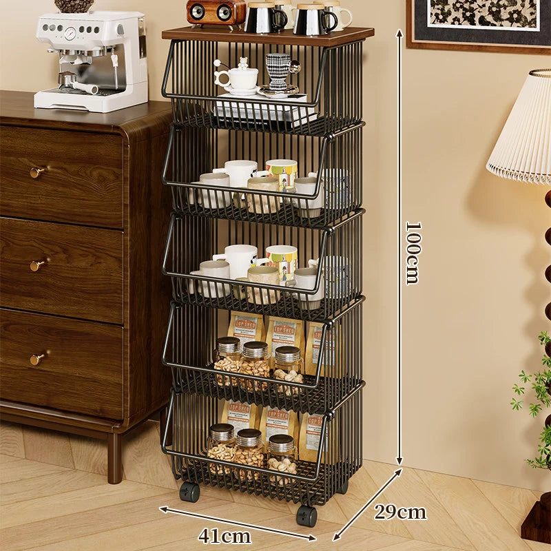 Kitchen Storage Cart Four-Tier Wooden Top Rolling Wheels