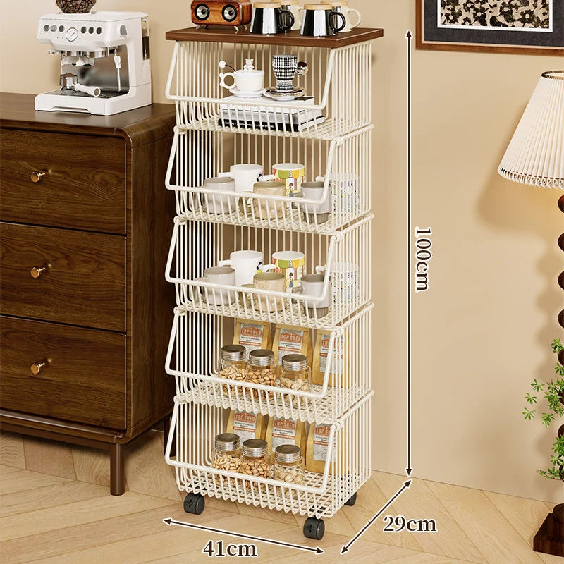 Kitchen Storage Cart Four-Tier Wooden Top Rolling Wheels