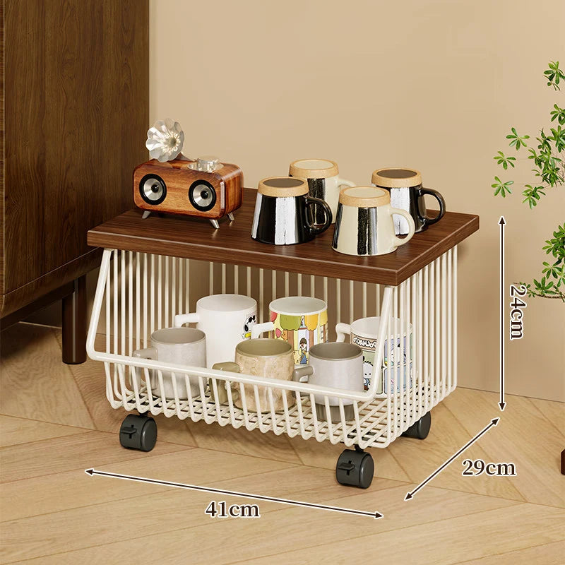 Kitchen Storage Cart Four-Tier Wooden Top Rolling Wheels