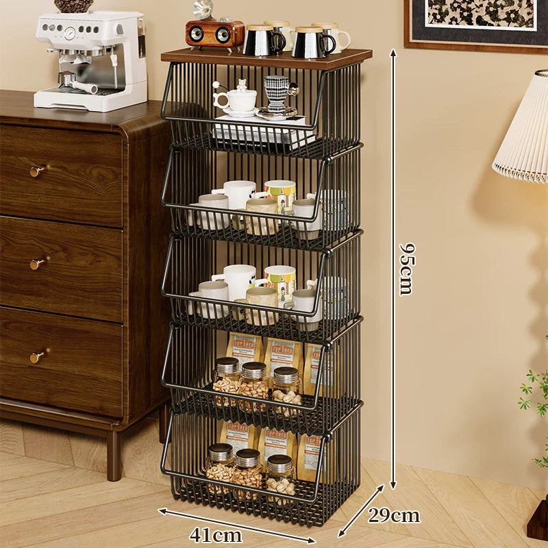 Kitchen Storage Cart Four-Tier Wooden Top Rolling Wheels