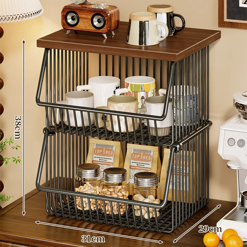 Kitchen Storage Cart Four-Tier Wooden Top Rolling Wheels