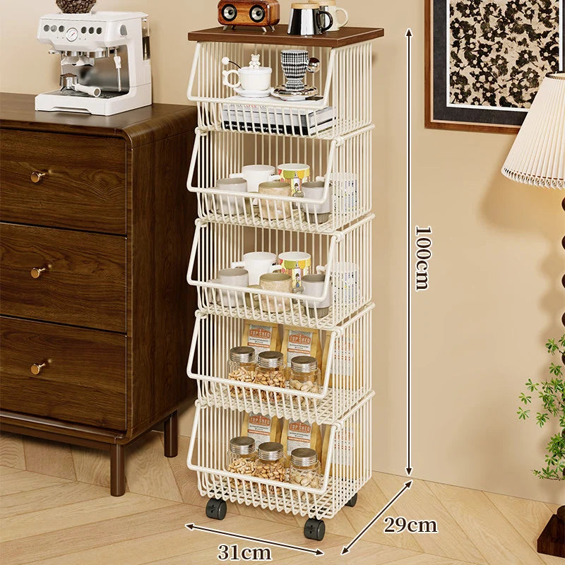 Kitchen Storage Cart Four-Tier Wooden Top Rolling Wheels