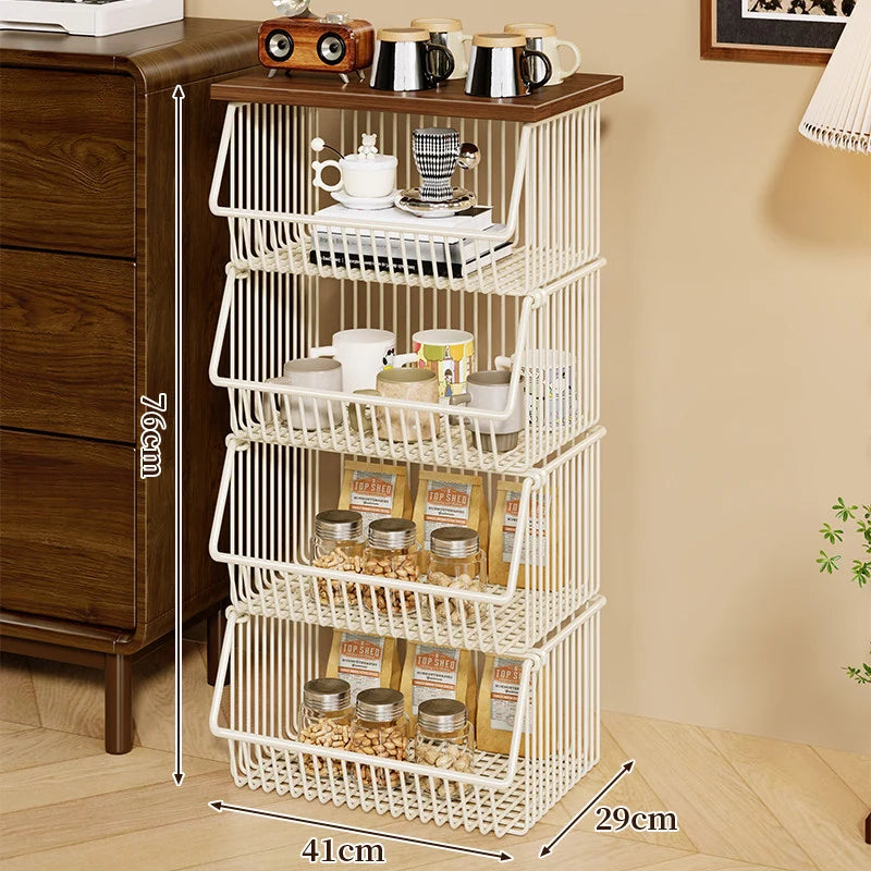 Kitchen Storage Cart Four-Tier Wooden Top Rolling Wheels
