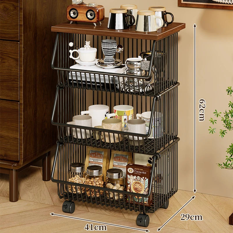 Kitchen Storage Cart Four-Tier Wooden Top Rolling Wheels