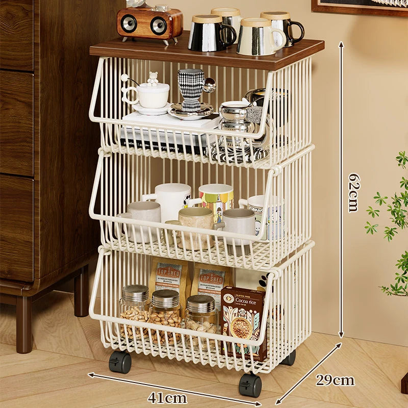 Kitchen Storage Cart Four-Tier Wooden Top Rolling Wheels