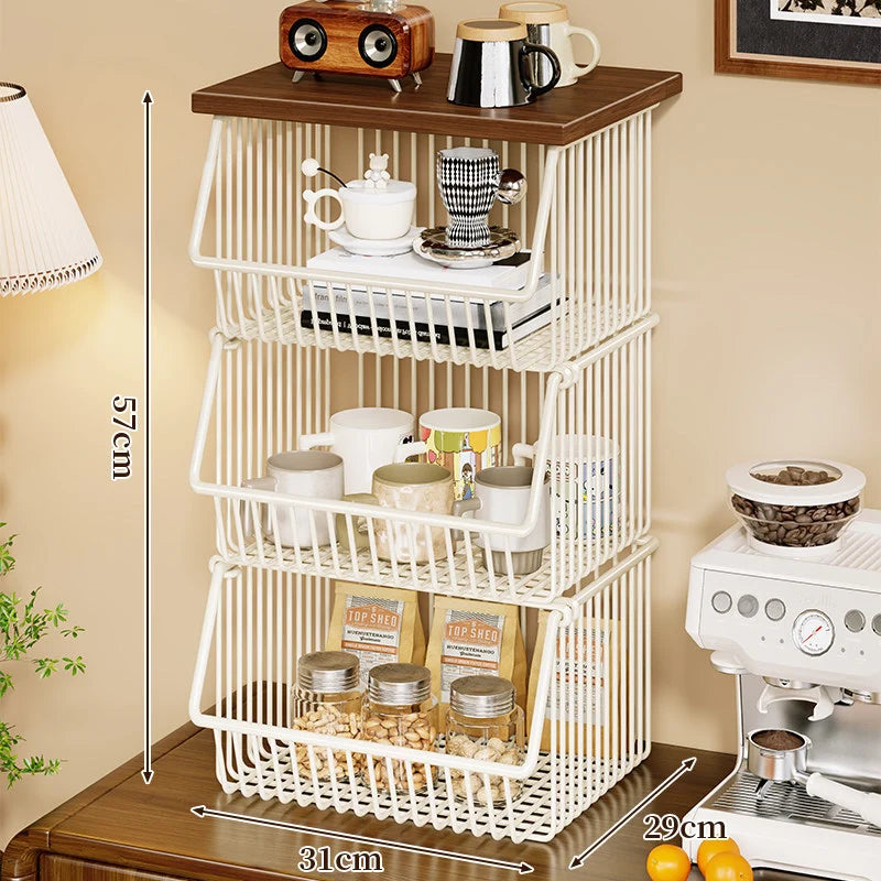 Kitchen Storage Cart Four-Tier Wooden Top Rolling Wheels