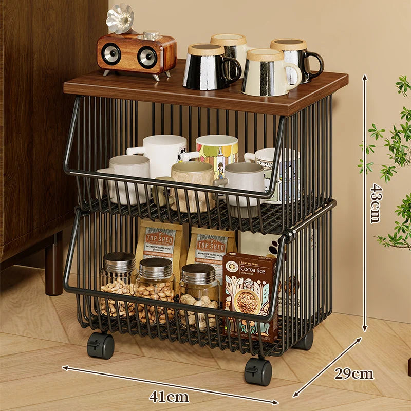 Kitchen Storage Cart Four-Tier Wooden Top Rolling Wheels