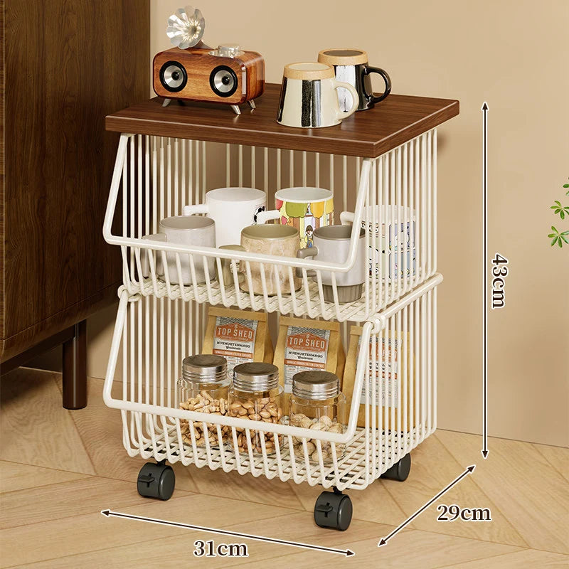 Kitchen Storage Cart Four-Tier Wooden Top Rolling Wheels