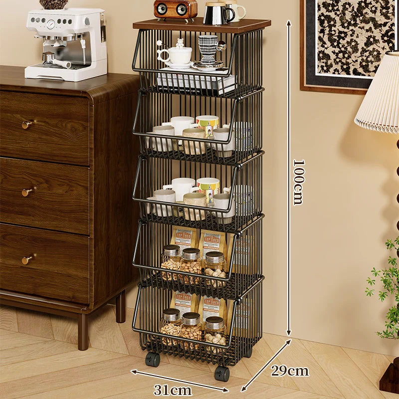 Kitchen Storage Cart Four-Tier Wooden Top Rolling Wheels