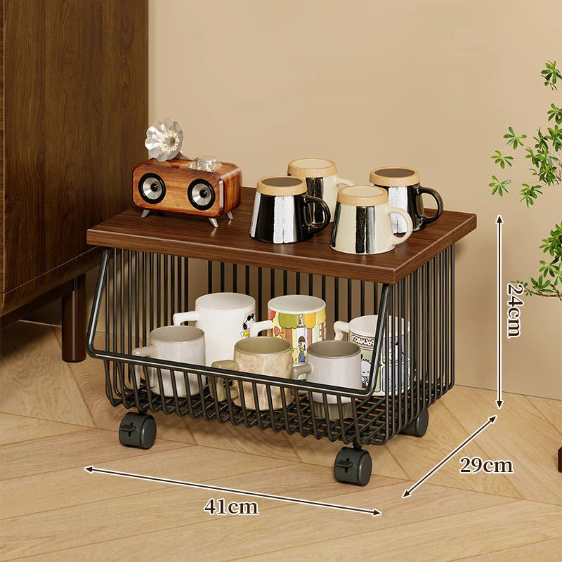 Kitchen Storage Cart Four-Tier Wooden Top Rolling Wheels