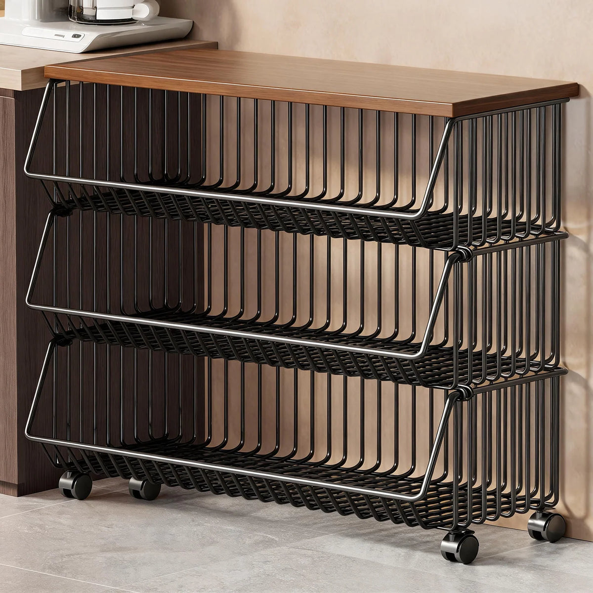 Kitchen Storage Cart Multi-Tier Wire Baskets Wood-Look Top