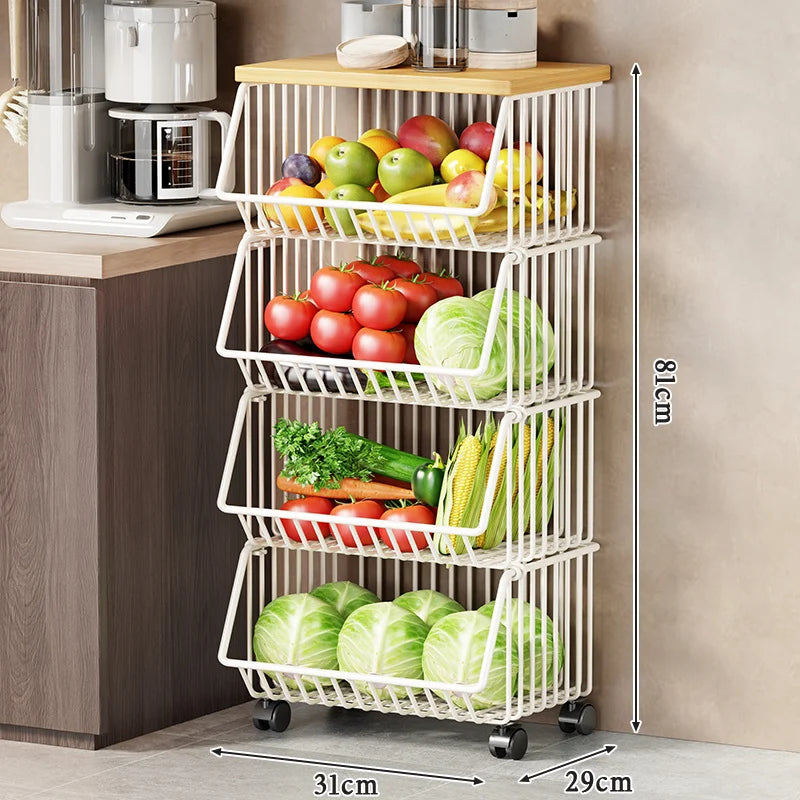 Kitchen Storage Cart Multi-Tier Wire Baskets Wood-Look Top