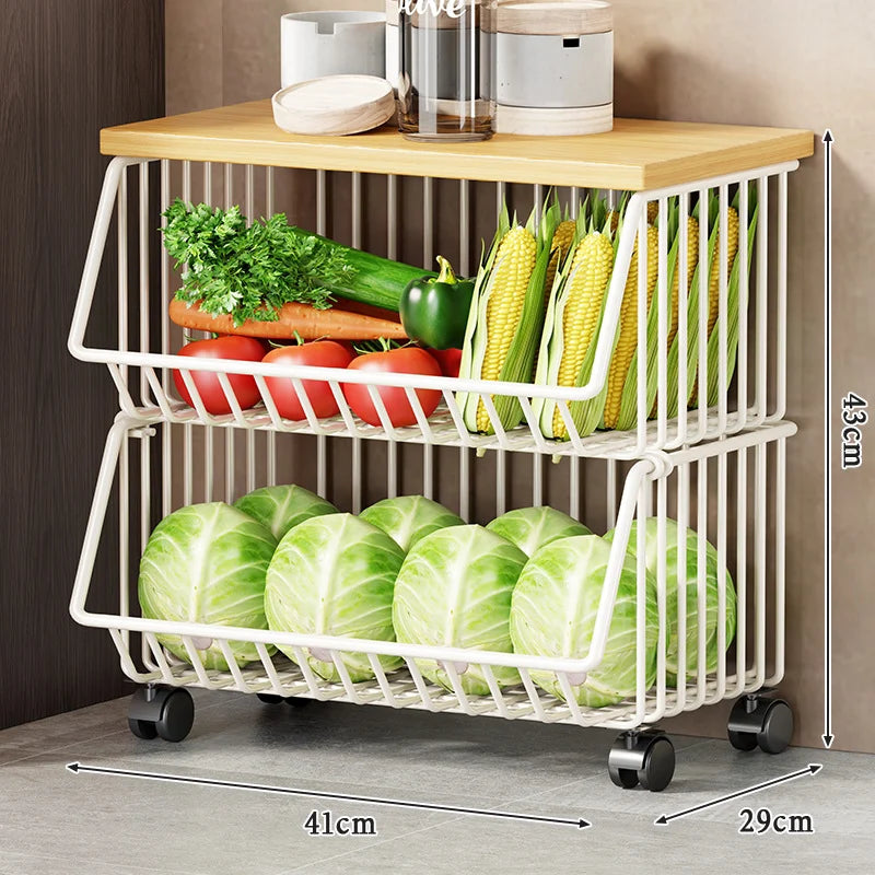Kitchen Storage Cart Multi-Tier Wire Baskets Wood-Look Top