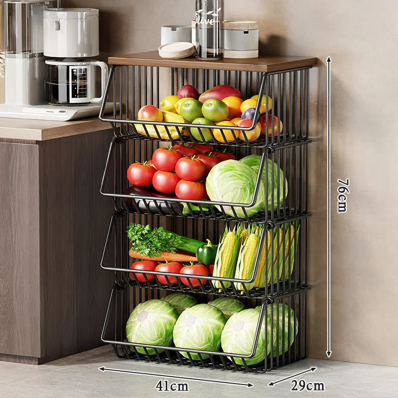 Kitchen Storage Cart Multi-Tier Wire Baskets Wood-Look Top
