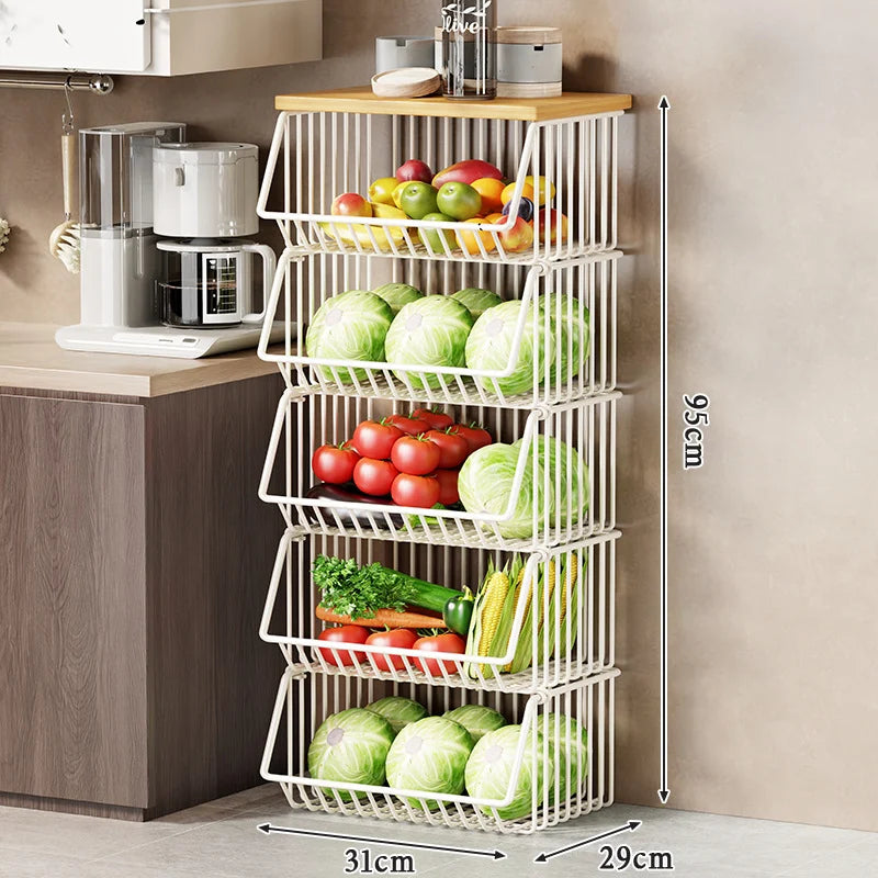 Kitchen Storage Cart Multi-Tier Wire Baskets Wood-Look Top
