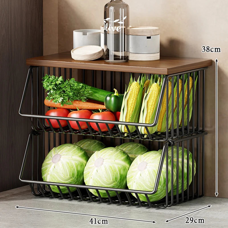 Kitchen Storage Cart Multi-Tier Wire Baskets Wood-Look Top