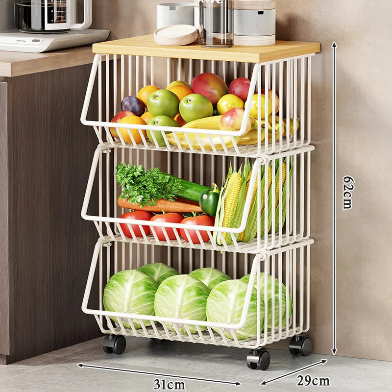 Kitchen Storage Cart Multi-Tier Wire Baskets Wood-Look Top