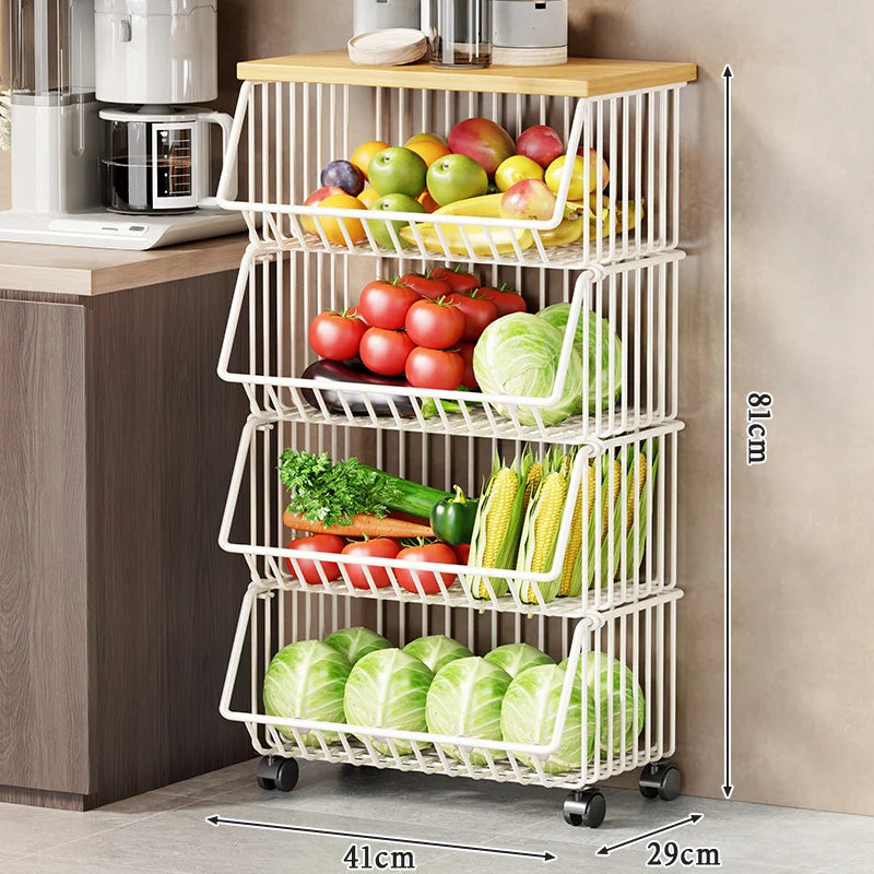 Kitchen Storage Cart Multi-Tier Wire Baskets Wood-Look Top