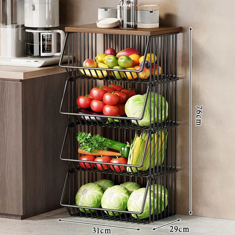 Kitchen Storage Cart Multi-Tier Wire Baskets Wood-Look Top