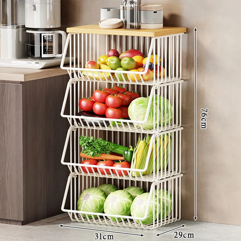 Kitchen Storage Cart Multi-Tier Wire Baskets Wood-Look Top