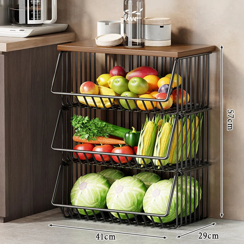 Kitchen Storage Cart Multi-Tier Wire Baskets Wood-Look Top