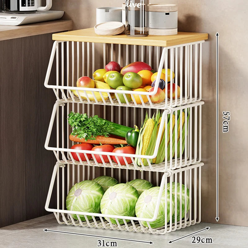 Kitchen Storage Cart Multi-Tier Wire Baskets Wood-Look Top