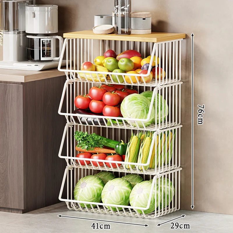 Kitchen Storage Cart Multi-Tier Wire Baskets Wood-Look Top