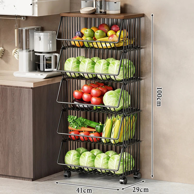 Kitchen Storage Cart Multi-Tier Wire Baskets Wood-Look Top