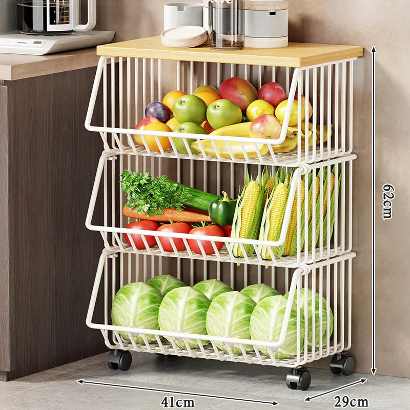 Kitchen Storage Cart Multi-Tier Wire Baskets Wood-Look Top