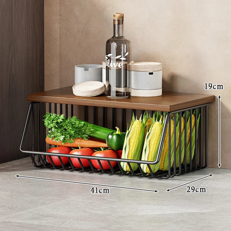 Kitchen Storage Cart Multi-Tier Wire Baskets Wood-Look Top