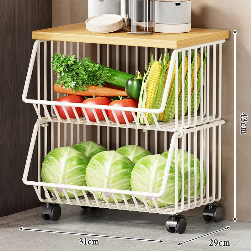 Kitchen Storage Cart Multi-Tier Wire Baskets Wood-Look Top
