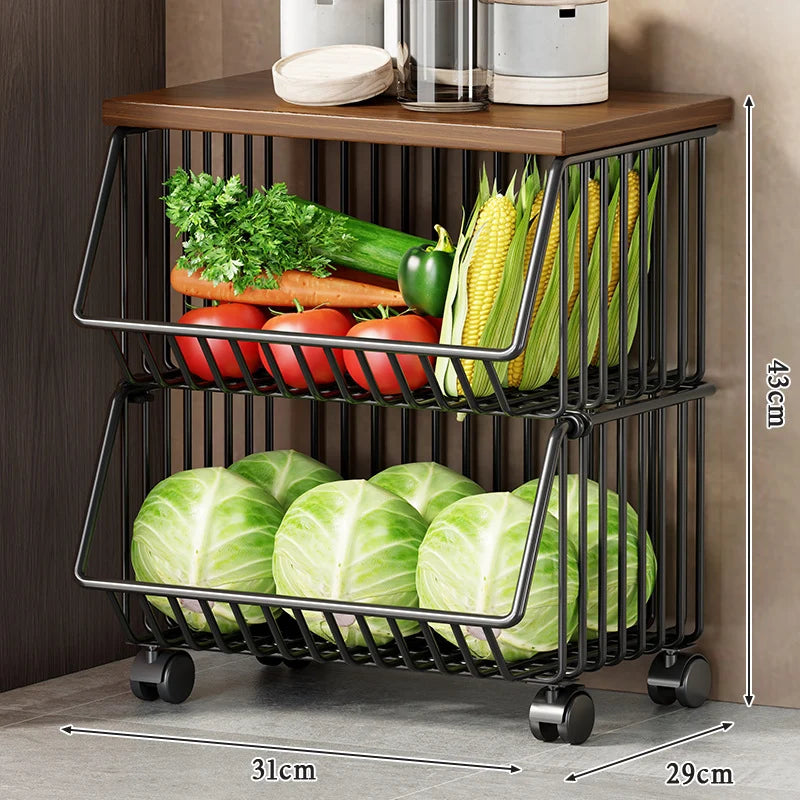 Kitchen Storage Cart Multi-Tier Wire Baskets Wood-Look Top