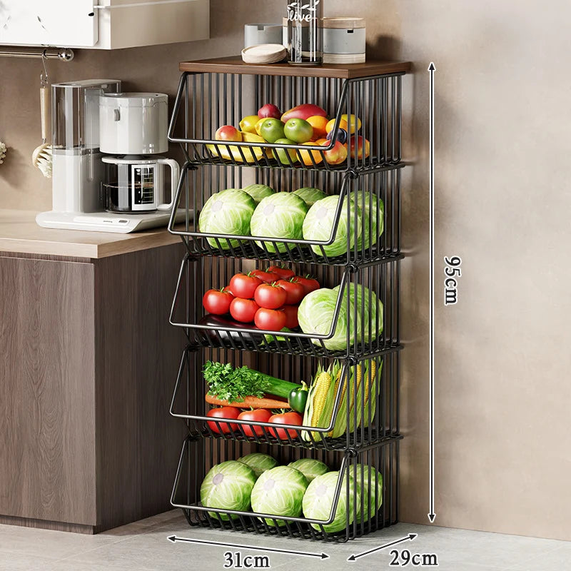Kitchen Storage Cart Multi-Tier Wire Baskets Wood-Look Top